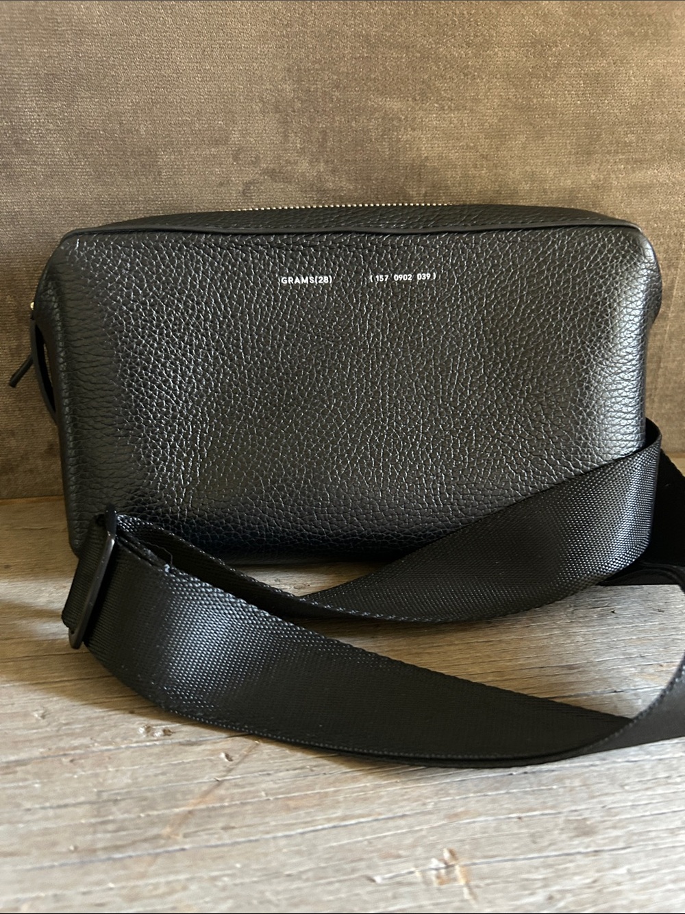 Grams (28) Minimalist Black Leather Sling Bag with Wide Strap